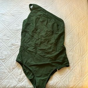 one shoulder green swimsuit